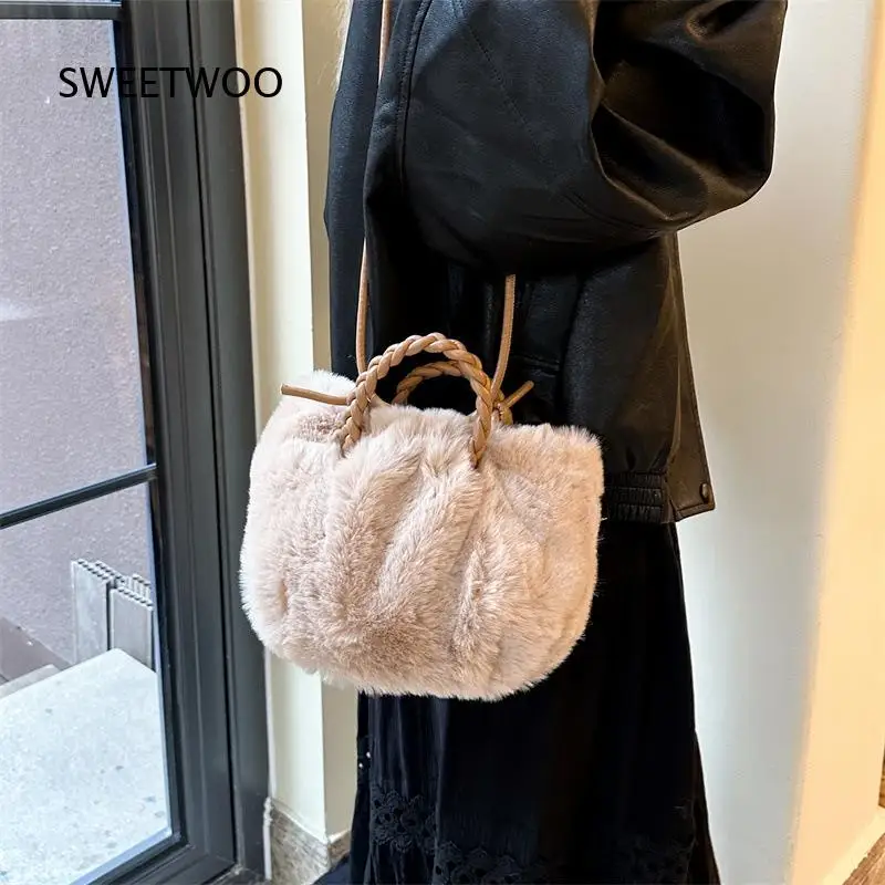 Warm Winter Women Small Fur Crossbody Bag Ruched Body Braided Handle Removable Shoulder Strap Daily Purse
