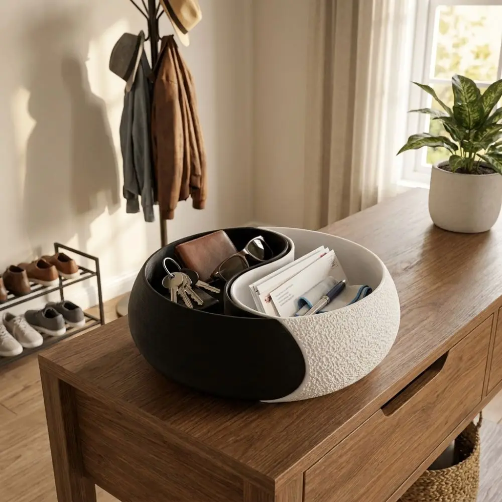 3D Printed Black and White Storage Bowl Layered Design Yin and Yang Trinket Dish Flat Bottom Smooth Jewelry Tray Bookshelf Decor