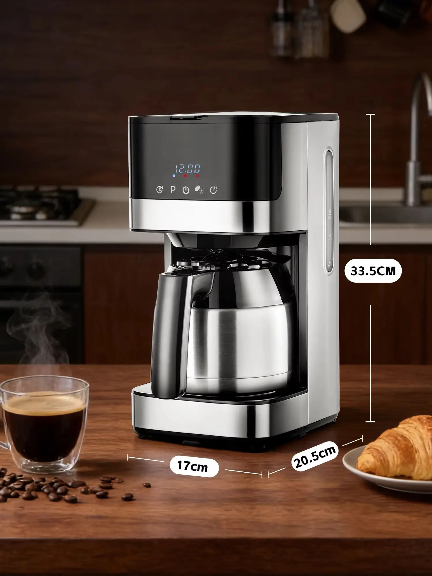 Filterkaffeemaschine mit Thermokaraffe, Edelstahl-Kaffeemaschine mit Timer, 24-Stunden-Programmierung, LED-Display, Warmhalteplatte, Abschaltautomatik, Tropfschutz, 900W, 10 Tassen, 1 Liter
