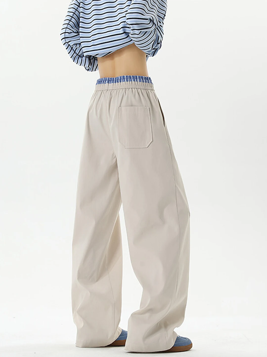 Pantalon décontracté à carreaux bleus pour hommes, coupe ample, jambes droites fines, vêtements de travail, respirant, taille élastique, Long, été