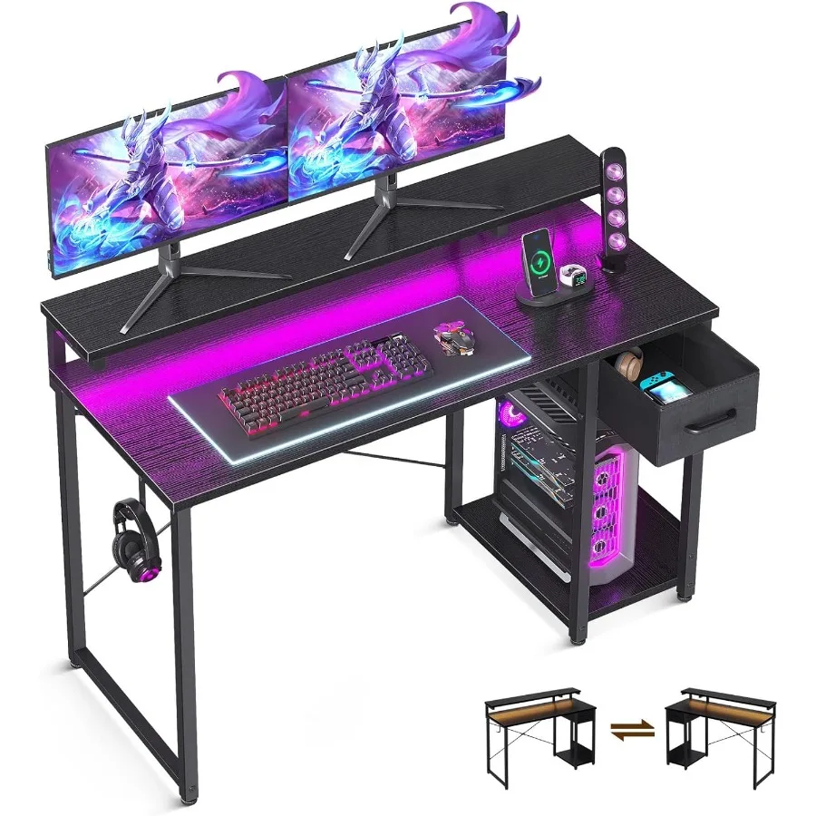 

Gaming Desk with LED Lights 48 Inch Computer Desk with Drawers Reversible Small Desk with Monitor Stand Headphone Hook for Home