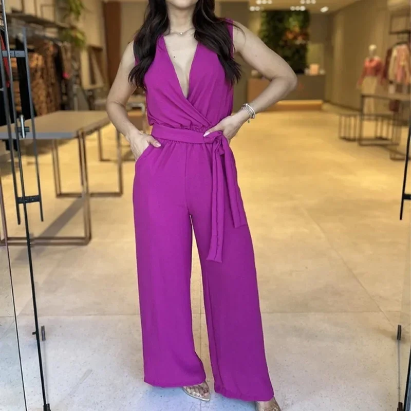 Women Jumpsuits Sleeveless Rompers V Neck Overalls Wide Leg Pants High Street Y2k Loose Jumpsuit One Piece Sashes Ankle Length