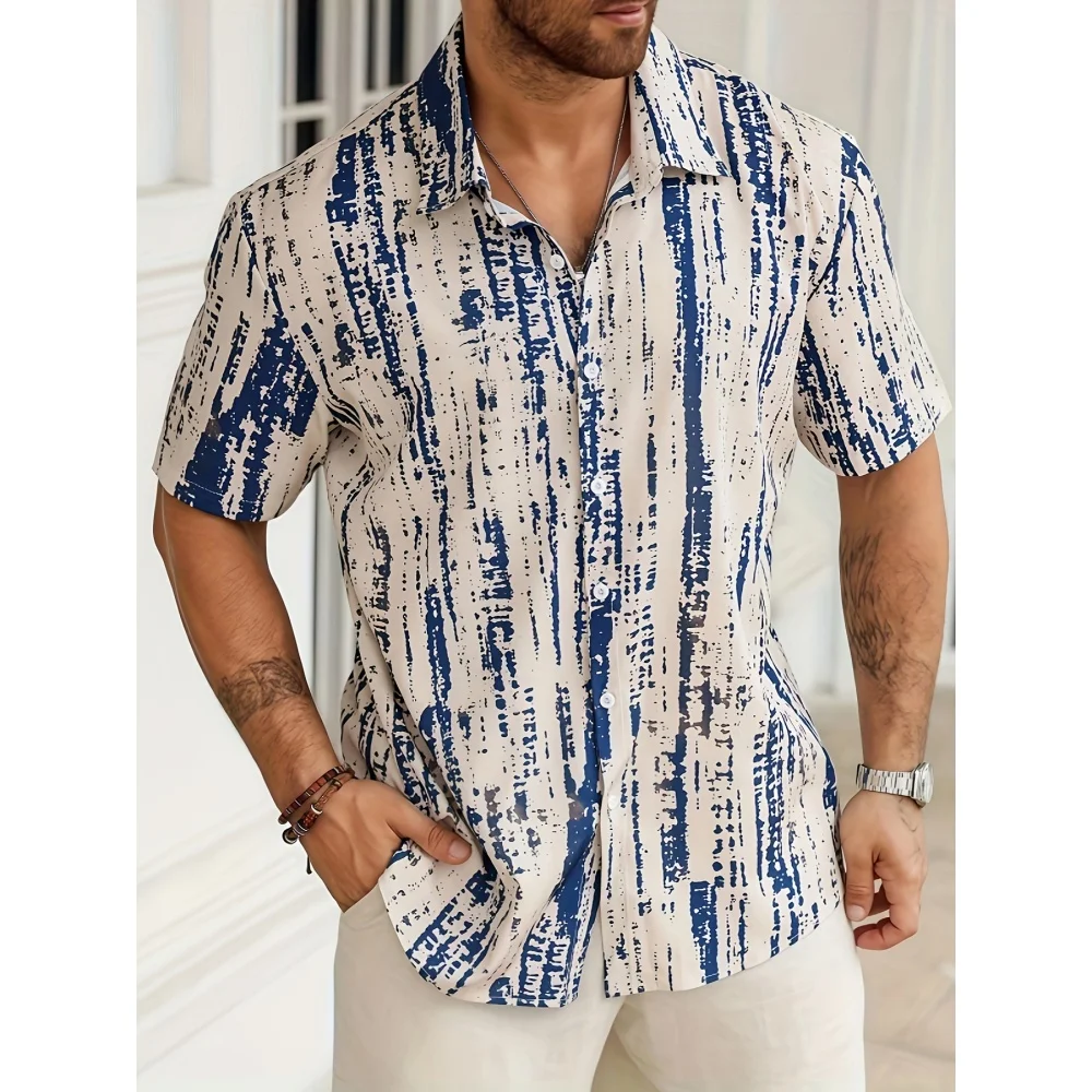 Summer Men's Retro Textured Gradient Striped Art Print Tops Fashion Casual Beach Hawaiian Turndown Shirts Men's Plus-Size Top