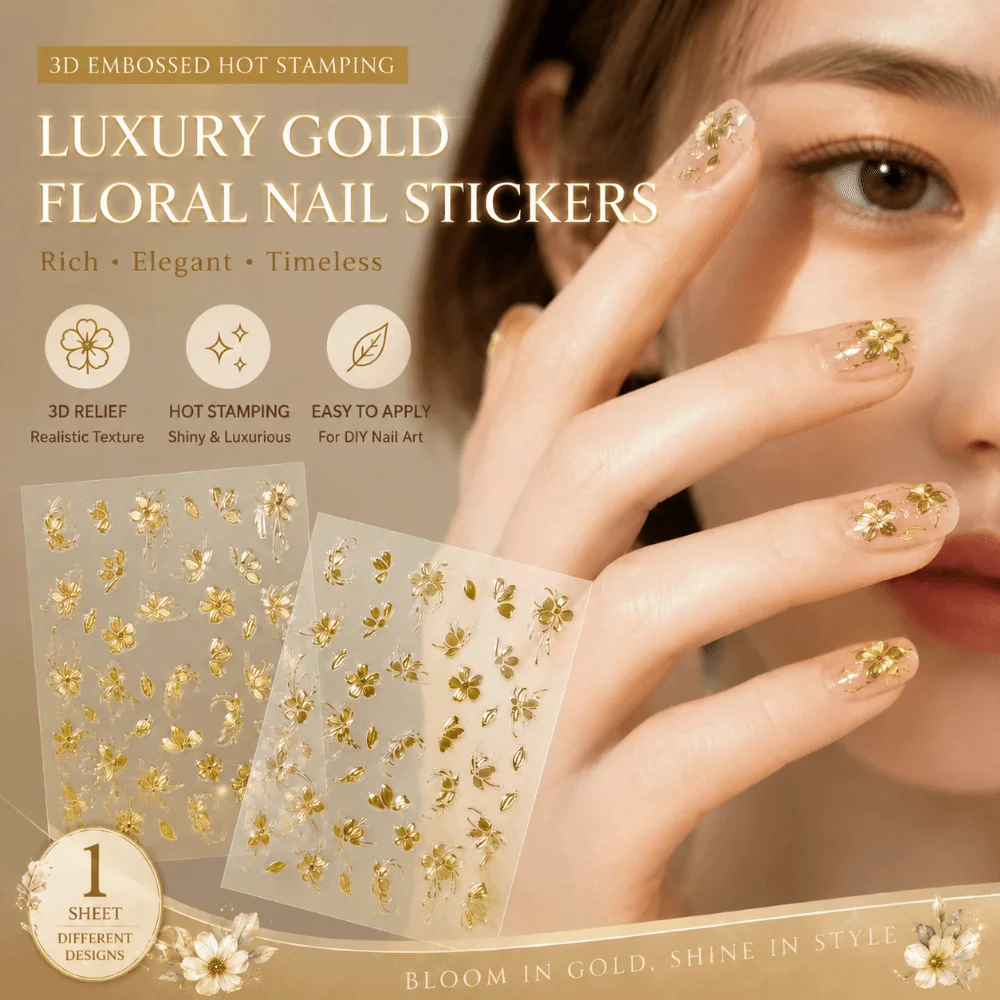 Gold Flower 3D Nail Sticker Adhesive Press on Nail Floral Relief Nail Sticker Lasting Flowers Nail Art Decal Manicure Decoration