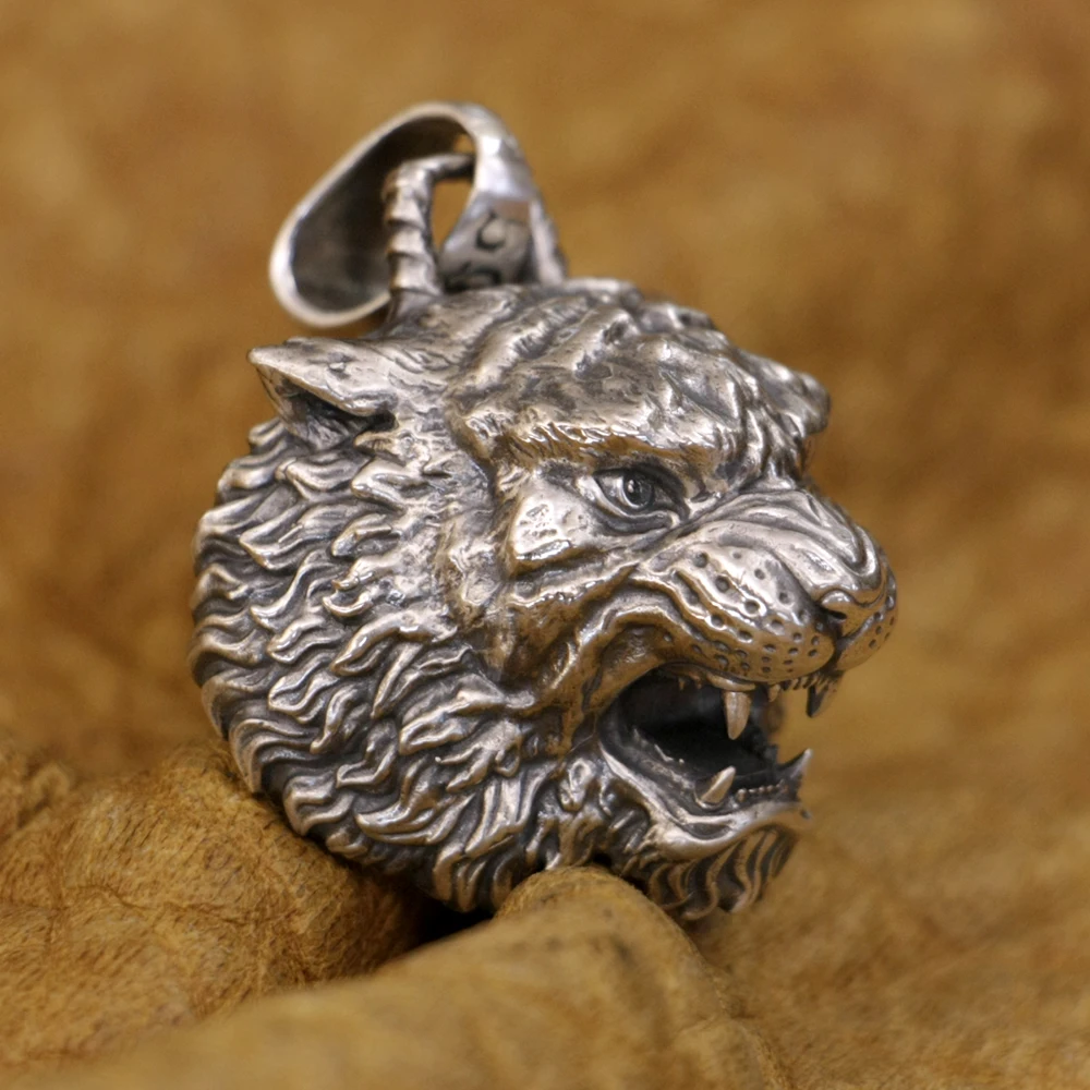 

925 Sterling Silver King of Tiger Pendant Charms Animal Jewelry TA397 M Size GC