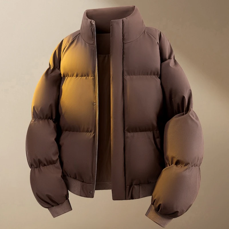 

Stand Collar PU Leather Parkas Men Autumn Winter Padded Puffer Jacket Loose Fit Solid Color Couple PU Parka Coat Man Streetwear