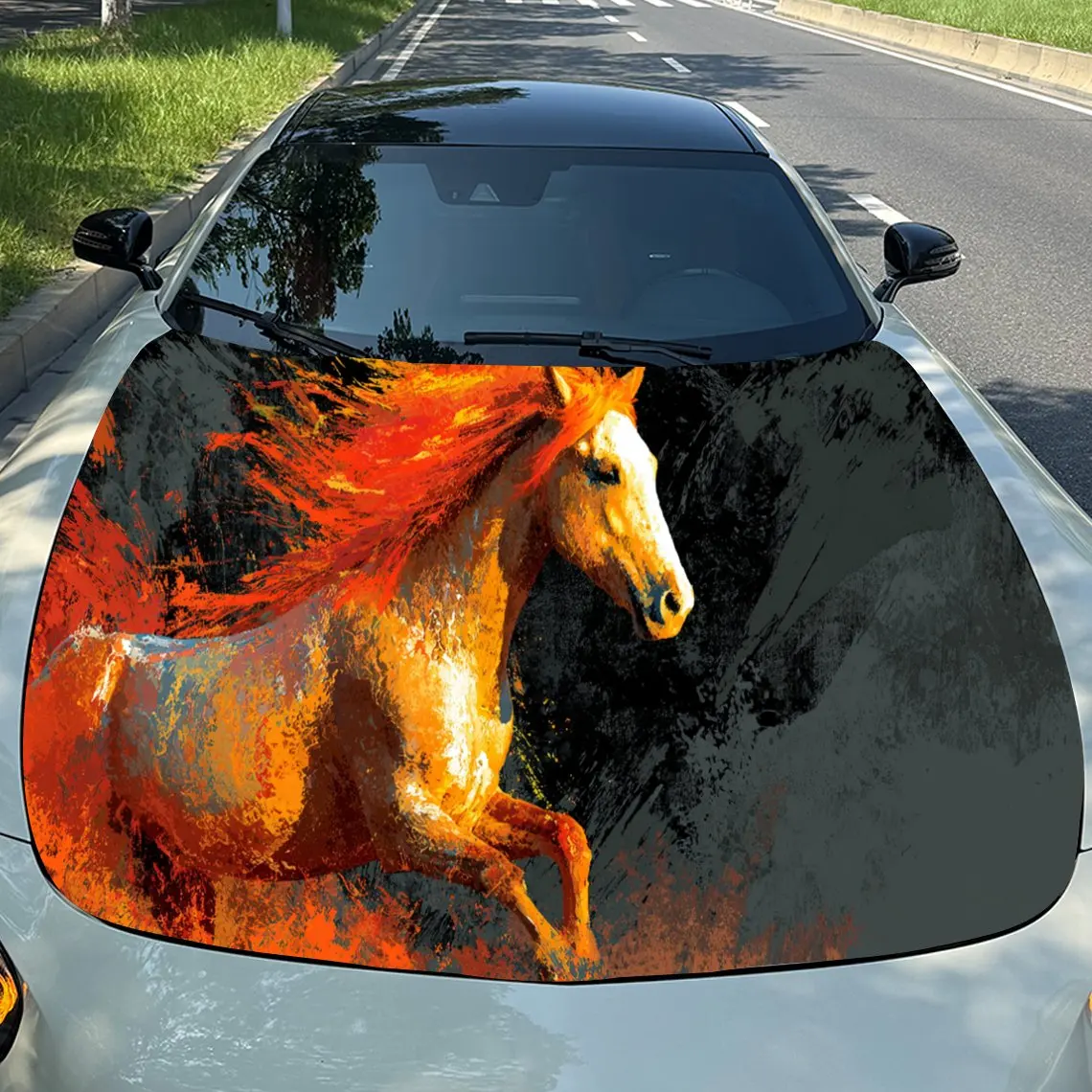 

Terrifying Fiery Horse Car Hood Stickers - Self-Adhesive, Waterproof and Durable Vinyl Wrap, Decorate And Protect Your Car - The