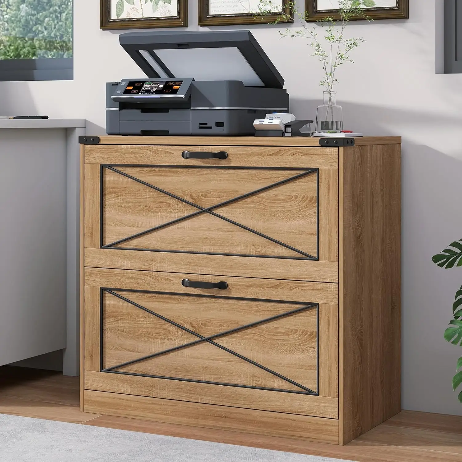 

Деревянный шкаф для документов с 2 выдвижными ящиками в деревенском стиле, коричневый, для домашнего офиса, на заказ