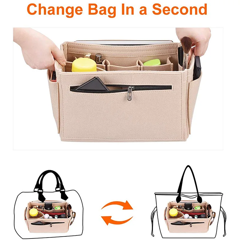 Organizador de Maquillaje Personalizado con Inserto de Fieltro, Bolsa Cosmética, Bolsa Interior para Bolso, Bolsa de Mano, Bolsa Interna para Bolso Tote