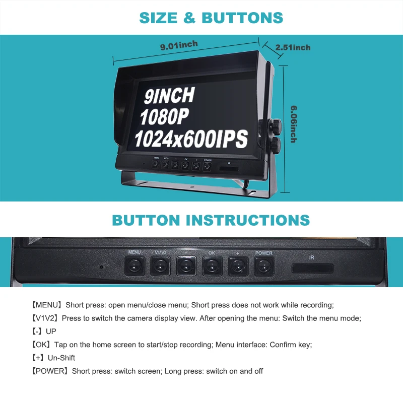 360-Grad-Kamera DVR 4-Kanal-Kameraobjektiv 9 Zoll Rückansichtmonitor 1080P Rückfahrkamera-System Auto-Rückfahrhilfe