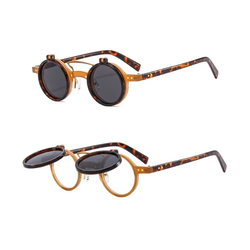 

New Retro Punk Double Flap Round Sunglasses for Women Men Fashion Trending Sun Glasses Leopard Frame UV400 Rivets Eyeglasses