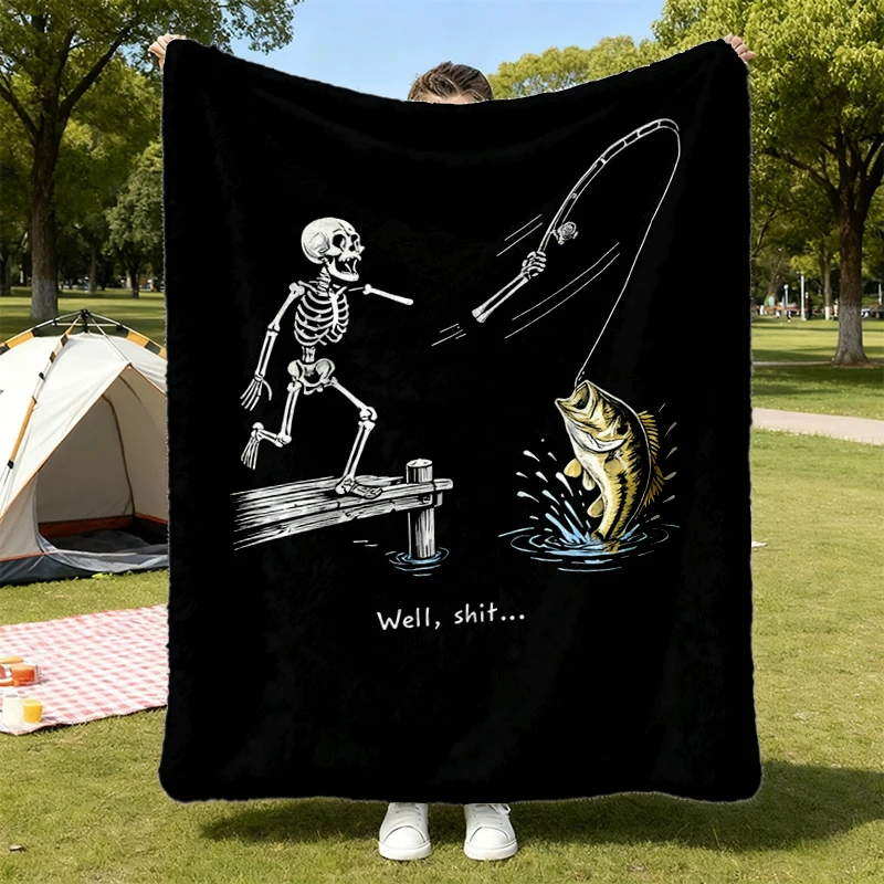 Skeleton Bass Fishing Flannel Blanket, Funny Fisherman Gift, Well Shit Funny Skeleton Graphic Flannel Throw