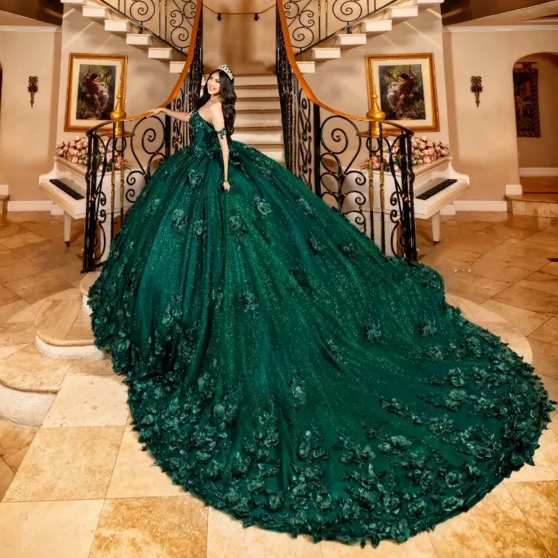 Emerald Green 3D Flowers Beads Tulle Quinceanera Dresses Ball Gown Dress Off The Shoulder Birthday Gowns Lace Up Sweet 15 16