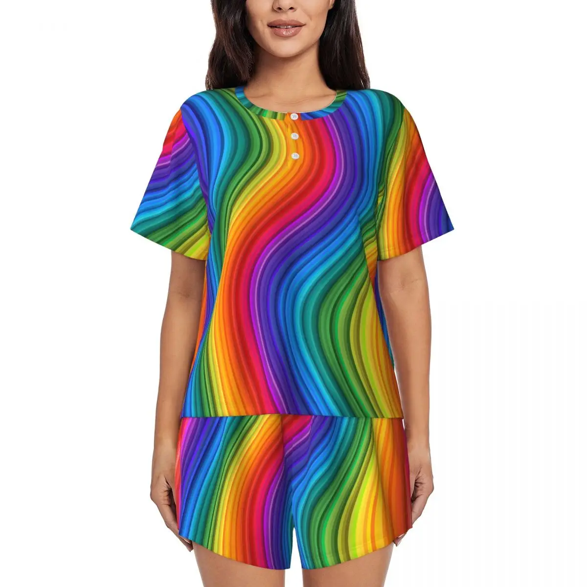 Rainbow Wave Pajamas Womens Glittering Swirl Cute Sleepwear Summer Short Sleeves 2 Pieces Casual O Neck Graphic Pajama Sets