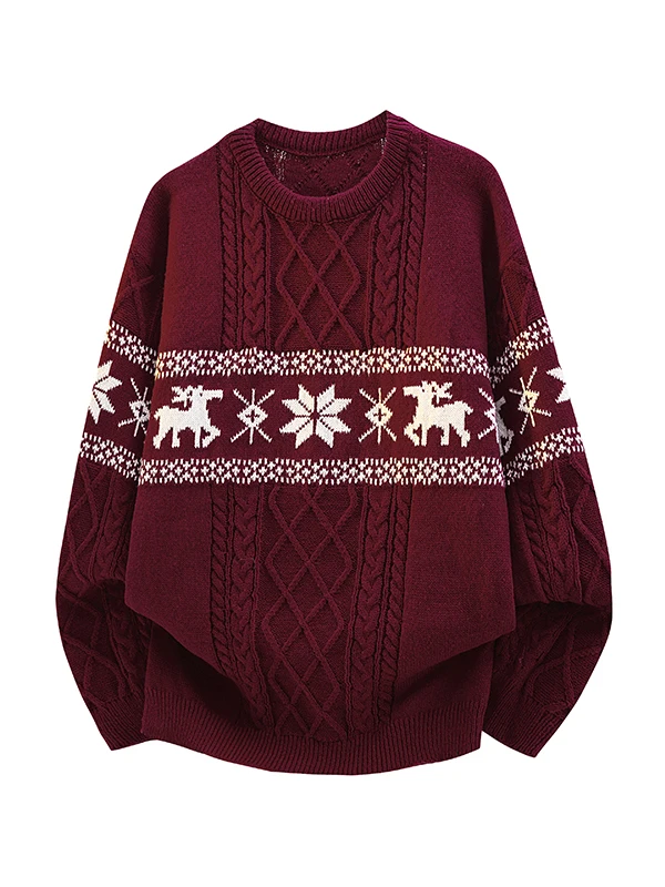 

Thiened Retro Knitted Sweater Deer Pattern ex round Ne Long Sve Lazy Sle Couple's Sweater Spring Autumn Season