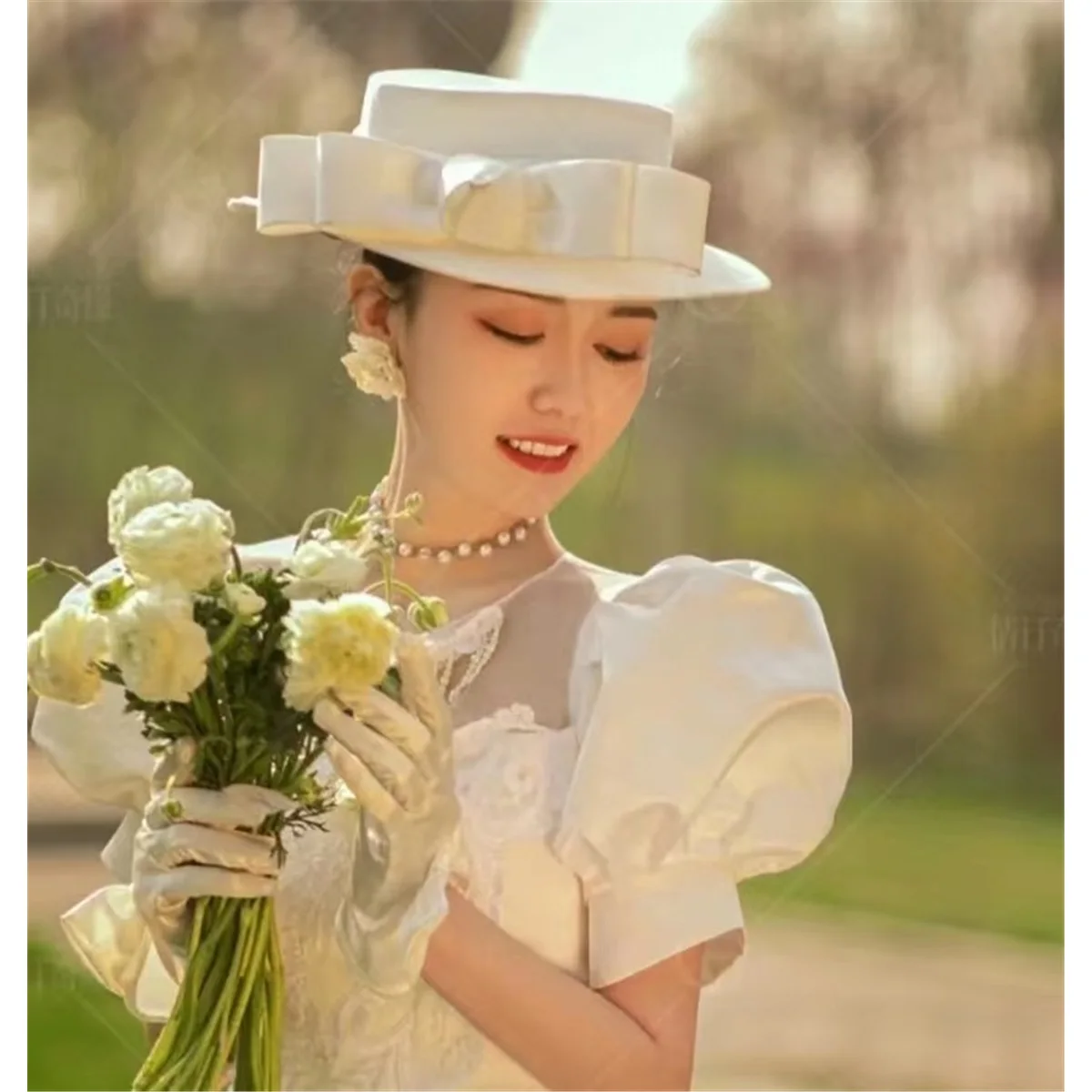 Sweet bow satin bridal hat European style flat top travel photo studio photo hat