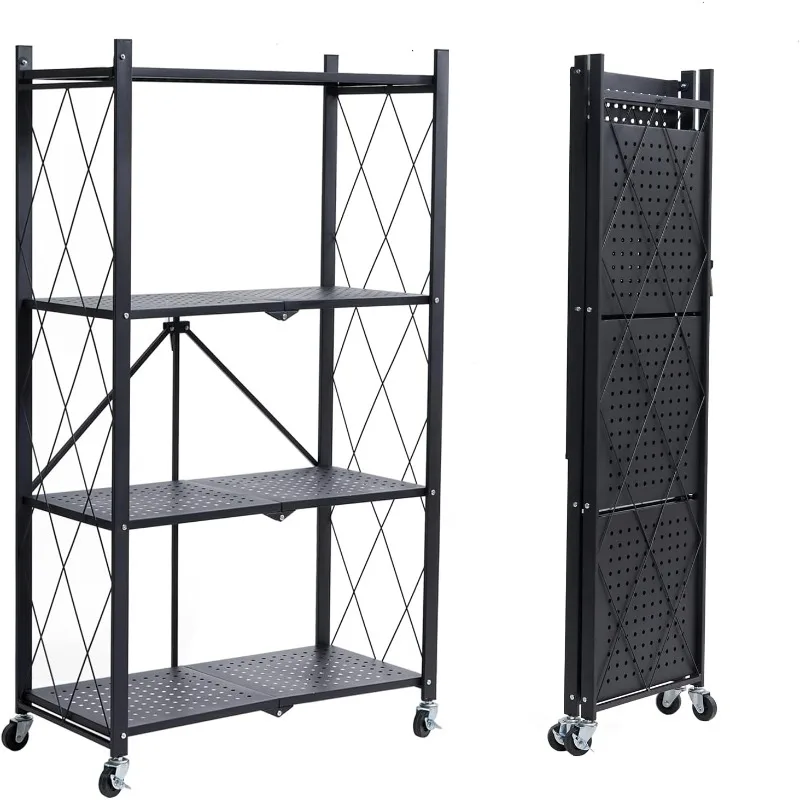 4-Shelf Foldable Storage Shelves with Wheels, Folding Metal Rack Shelving Unit, Heavy Duty No Assembly Organi