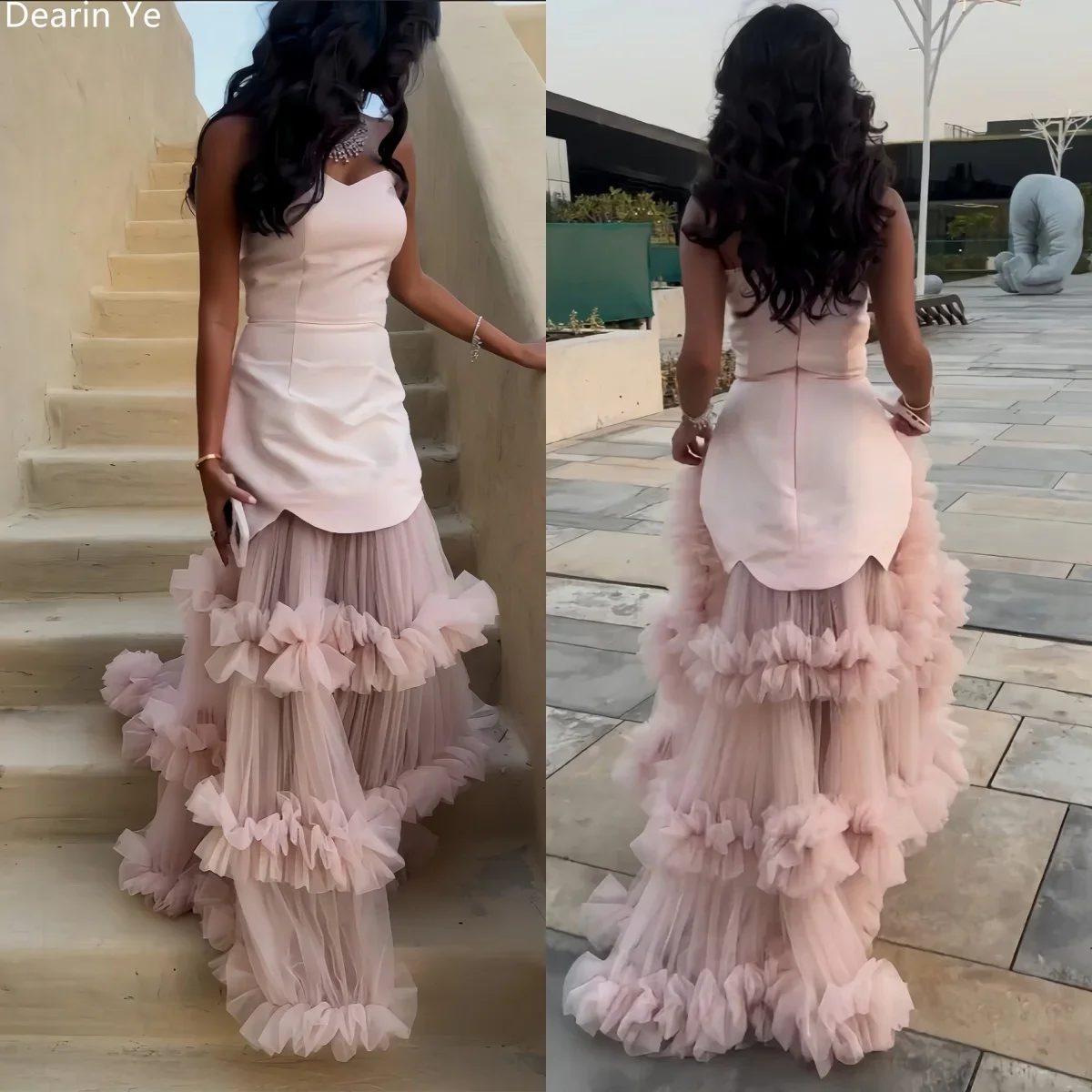 

Customized Evening Gown Formal Dearin Strapless A-line Floor Length Skirts Draped Tulle Sleeveless Flouncing Bespoke Occasion Dr