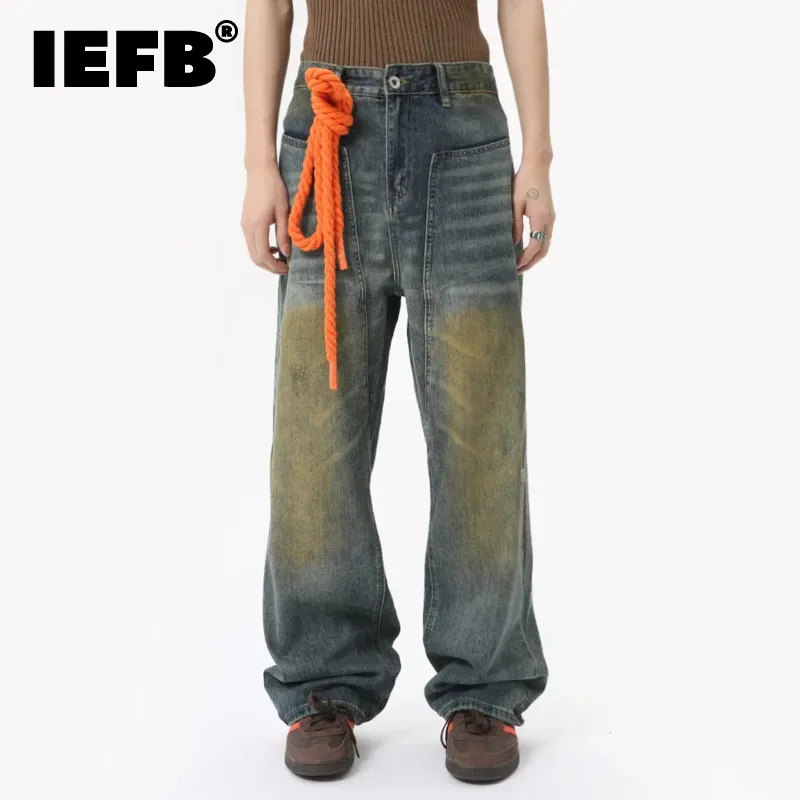 

IEFB Autumn High Street Men's Denim Pants Tie-dyed Loose Vintage Worn-out Jeans Straight Wide Leg Trousers New Trend 2024 9C6300