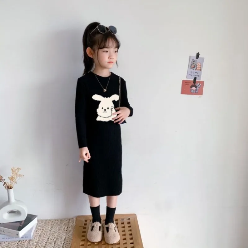 

Вязаное платье с длинными рукавами «Грайный кролик» для девочек, весенне-осеннее облегающее элегантное детское платье макси