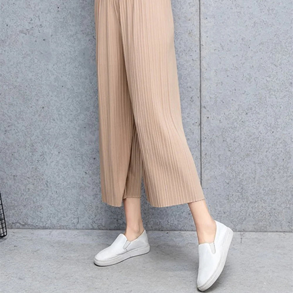 Female Fold Pleated Pants Summer Spring Black Casual Loose Elastic Waist High Pleated Wide Leg Women Chiffon Loose Pants