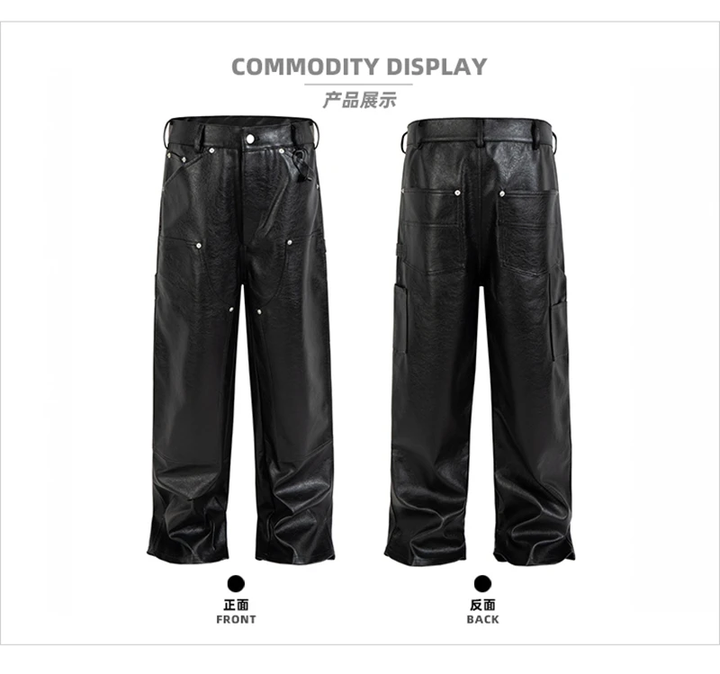 Schwarze PU-Leder Zimmermannshose mit Nieten, Doppelknie-Arbeitshose für Herren, Streetwear Hip-Hop Baggy Weite Cargo-Hose – Detail 5