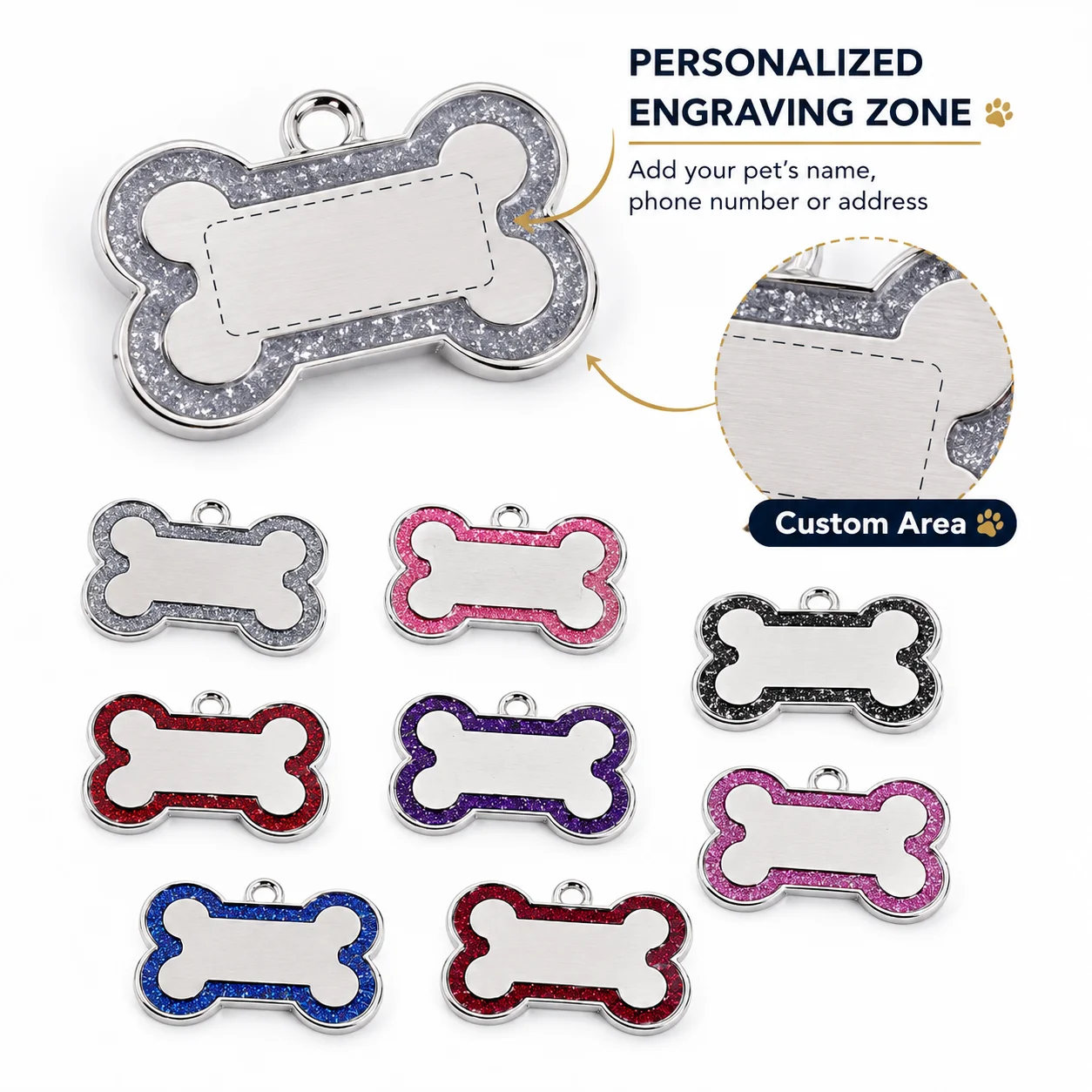 Custom Glitter Bone Pet ID Tag, Personalized Engraved Dog Cat Nameplate, Collar Hanging Pendant for Safety Custom Name Dog Tag