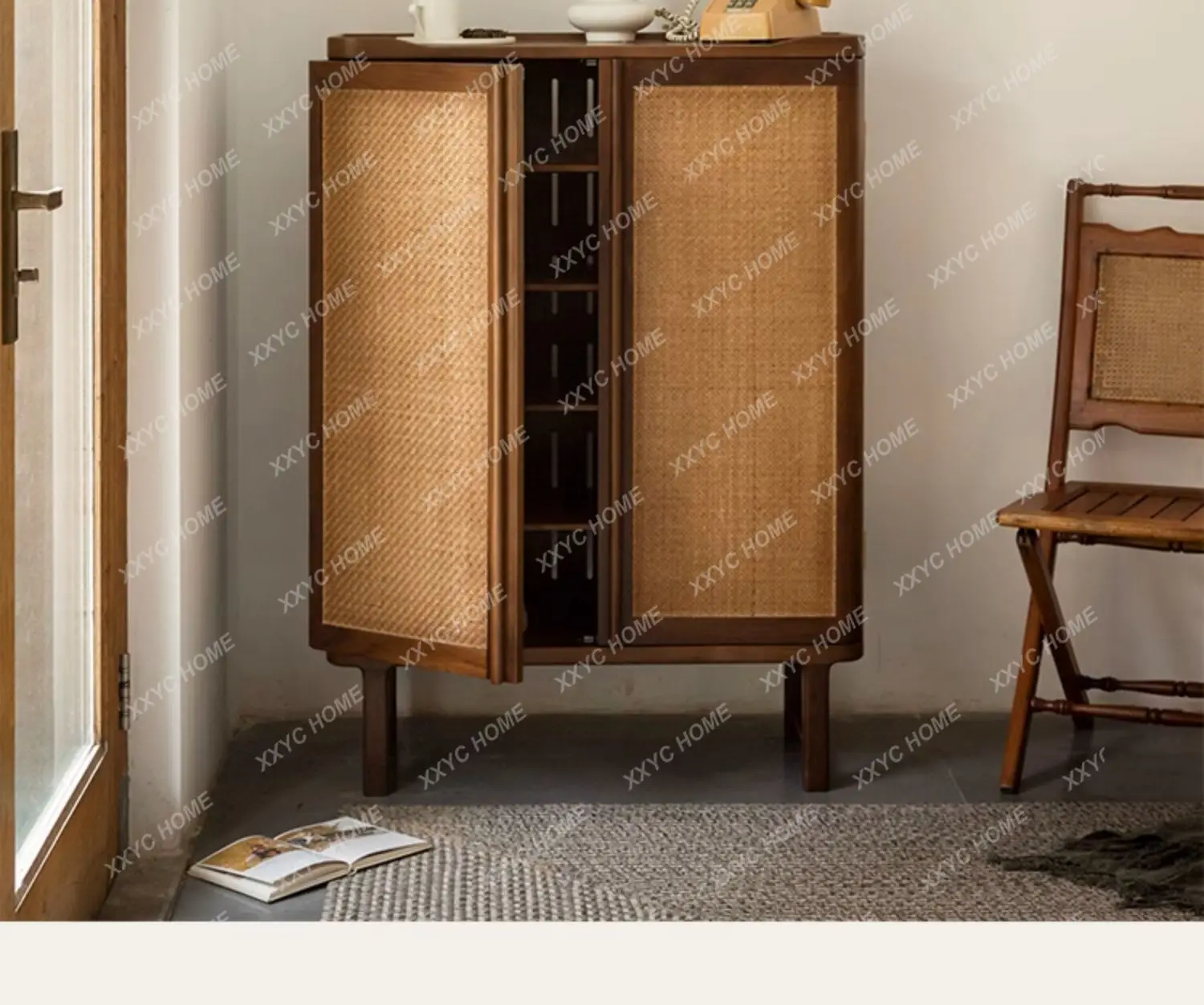 Black walnut pure solid wood shoe cabinet household entrance rattan retro shoe cabinet