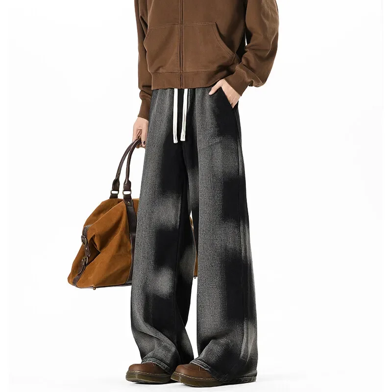 

Pop Black Baggy Jeans Men Drawstring Retro Tie Dye Jeans Men Streetwear Hip-hop Loose Wide Leg Jeans Mens Vintage Denim Pants