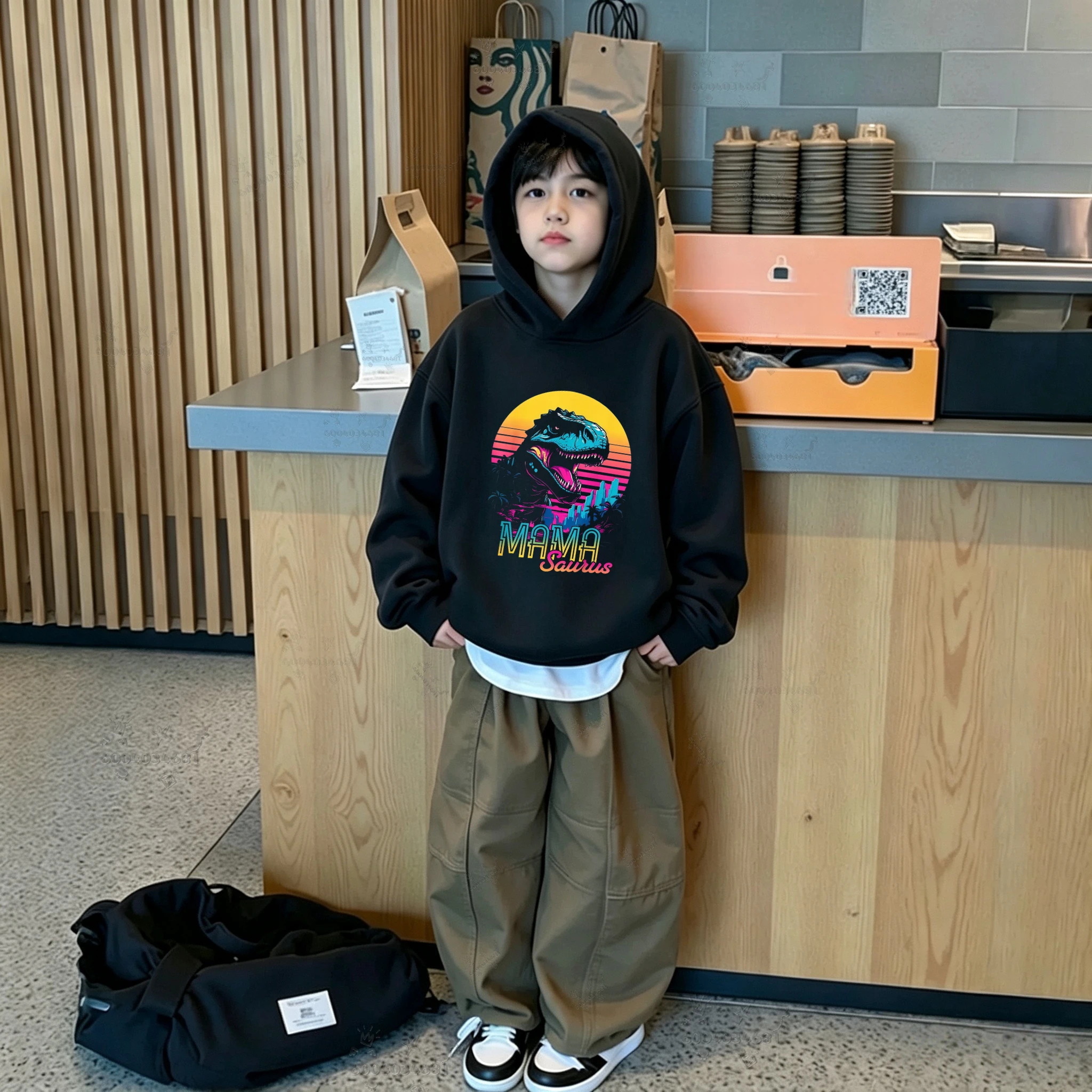 Japanese-style Devil Mask Dragon Sakura pattern children's hooded sweatshirt for boys and girls. Loose oversized casual pullover