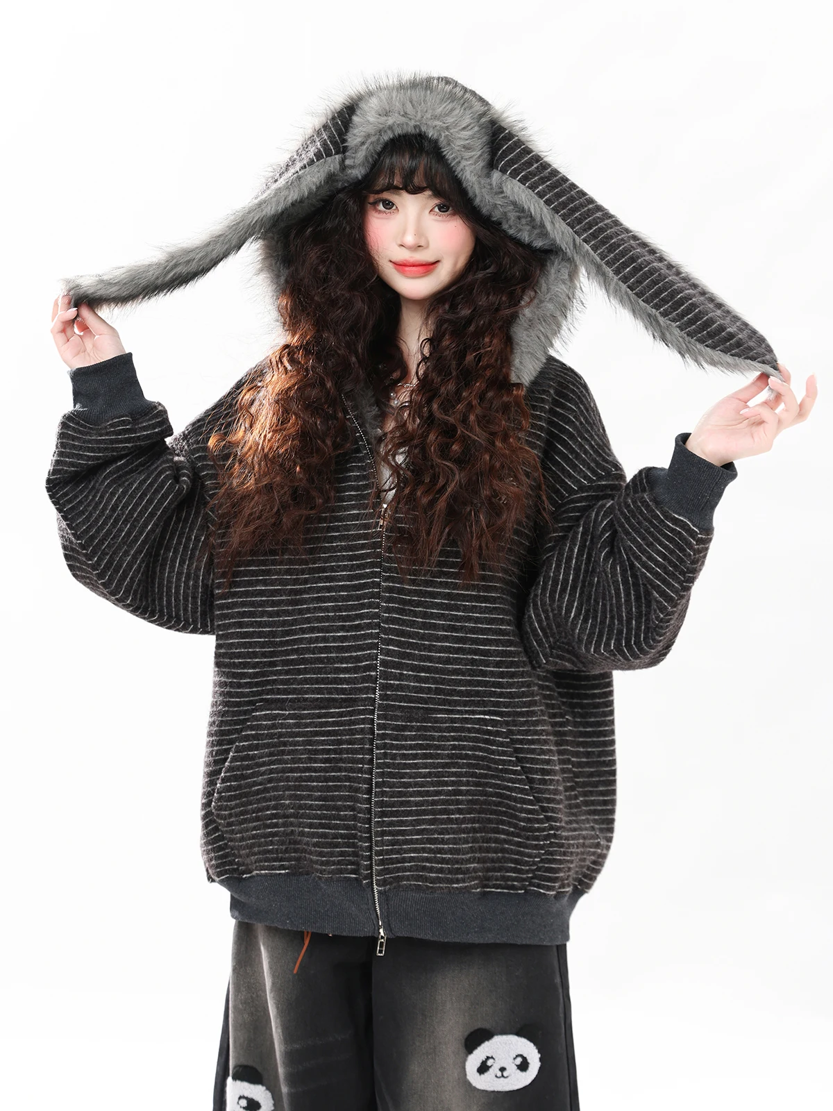 

ENJOG Thiened Plu Hoodie Women's Loose Fit Autumn Winter Stripe Pattern Rabbit Ear Warm Outerwear Casual Sle