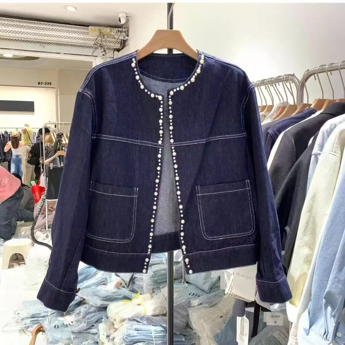 

Fashion Nail Bead O-neck Denim Coat for Women Autumn New Loose Double Pocket Short Jackets Korean Casual Outerwear