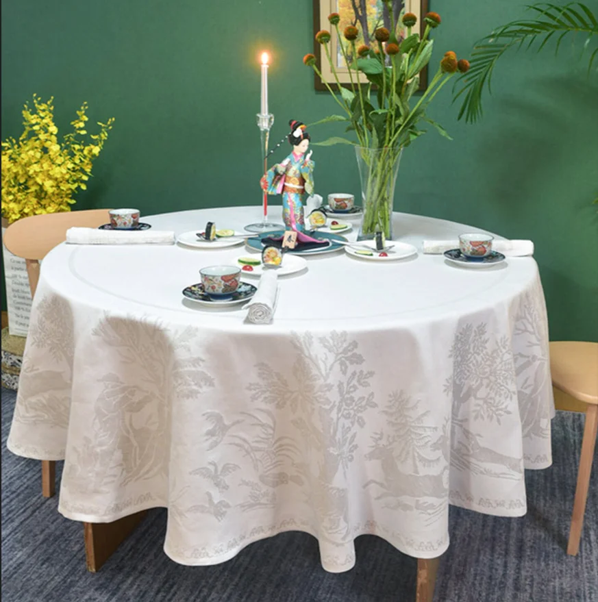 Jacquard Round Tablecloth, Premium Pure Cotton Woven Table Cover, Elegant Neutral Wildlife Pattern Circular Table Linen