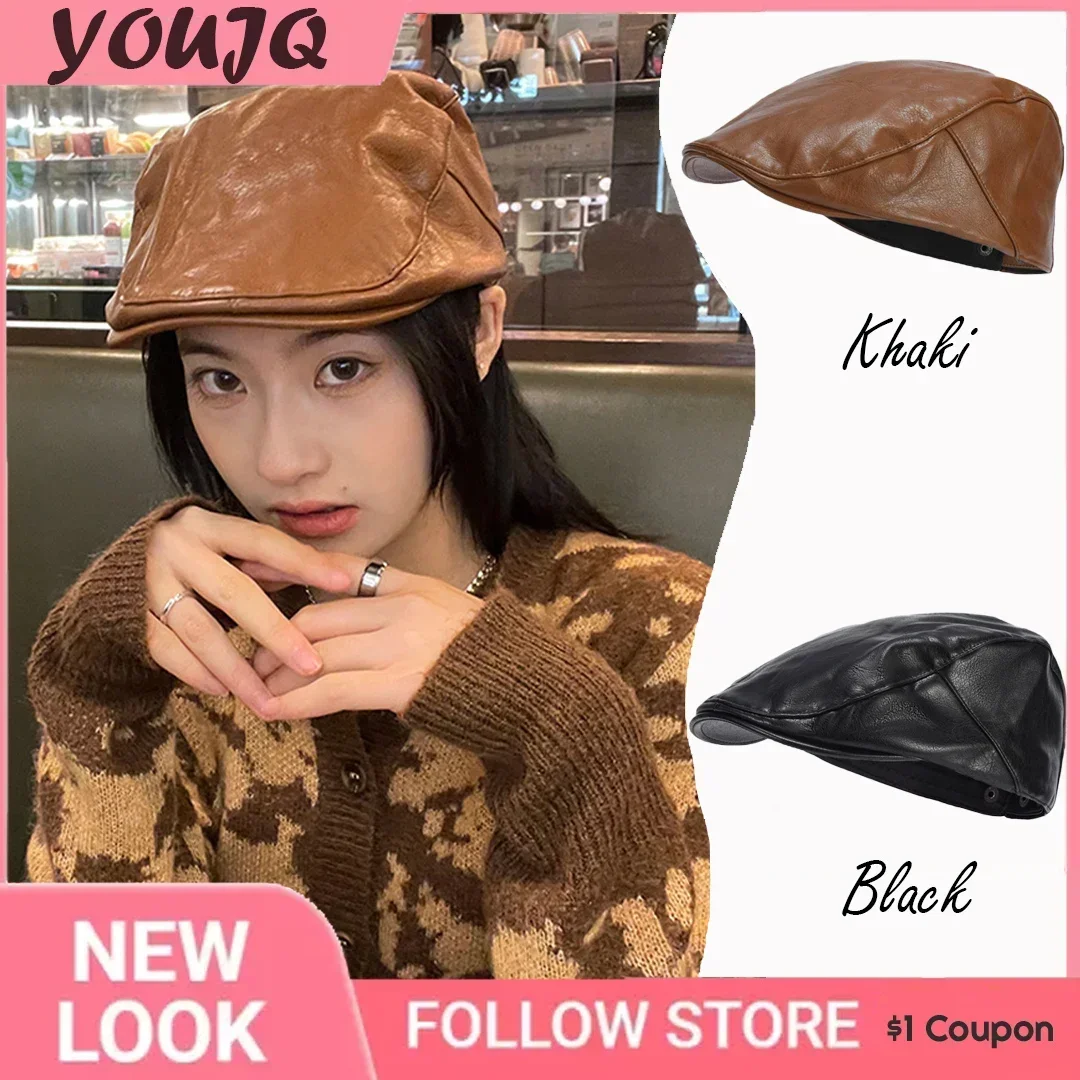 INS Retro Winter Women Artificial Leather PU Beret Hats for Women Men Ladies Korean Boina Forward Caps Mujer Casual Casquette