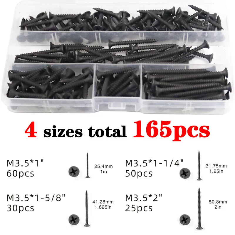 165PCS M3.5 Black Phillips Wood Screws Set, Flat Head Self-Tapping Screw Assortment Kit with Assorted Sizes for DIY Carpentry
