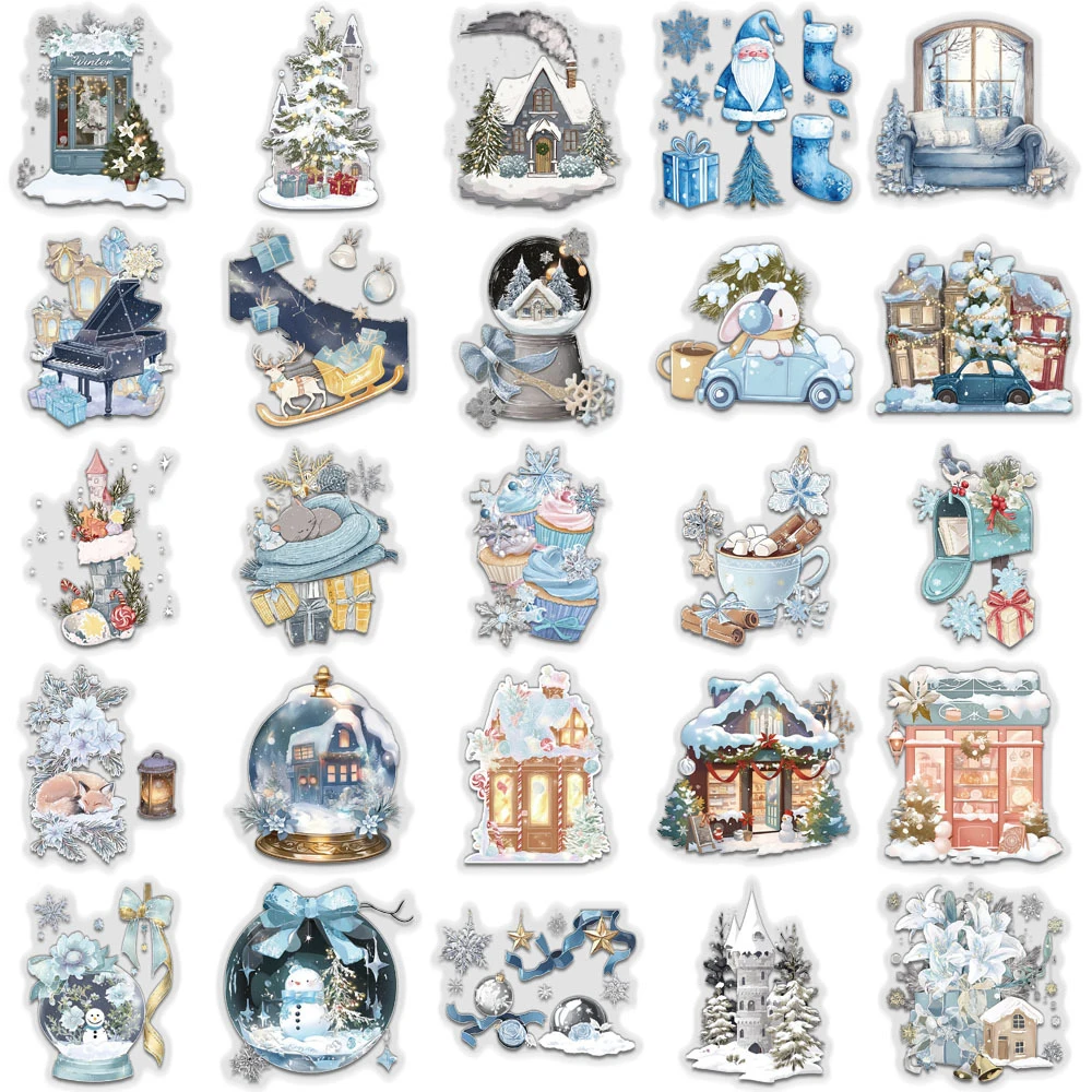 10/30/50pcs 귀여운 만화 겨울 테마 스티커 투명 빈티지 미적 낙서 데칼 수하물 노트북 전화 스티커 장난감
