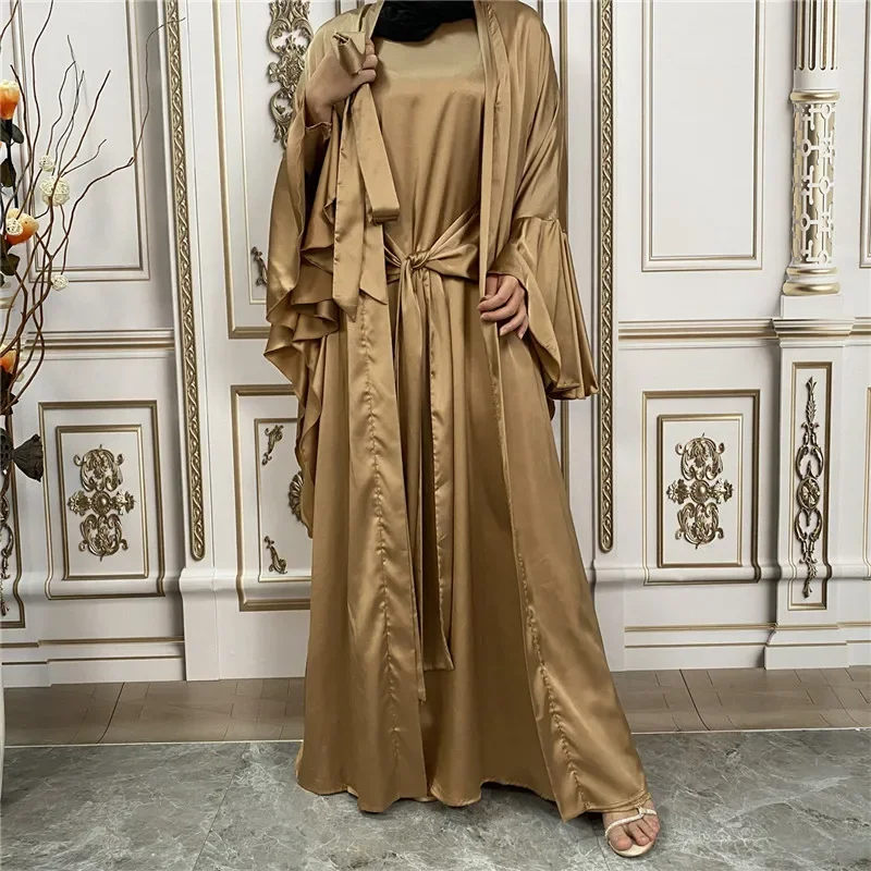 2-teiliges Set Satin Open Abaya Kimono Cardigan Damen Muslimisches Kleid mit Gürtel Eid Ramadan Jalabiya Passende Outfits Dubai Kaftan Robe