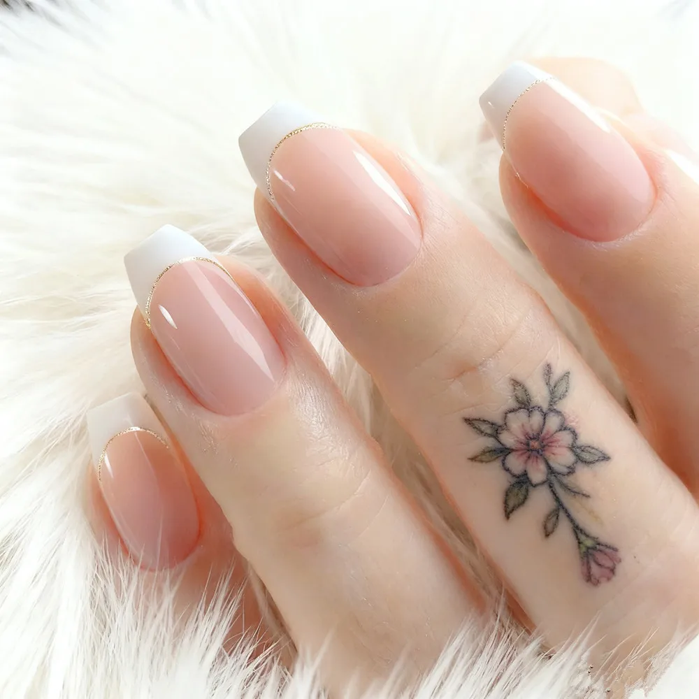 

24Pcs Glossy Natural French Press On Fake Nails With Jelly Glue Artificial Short Ballerina Coffin False Nail DIY Manicure Tool