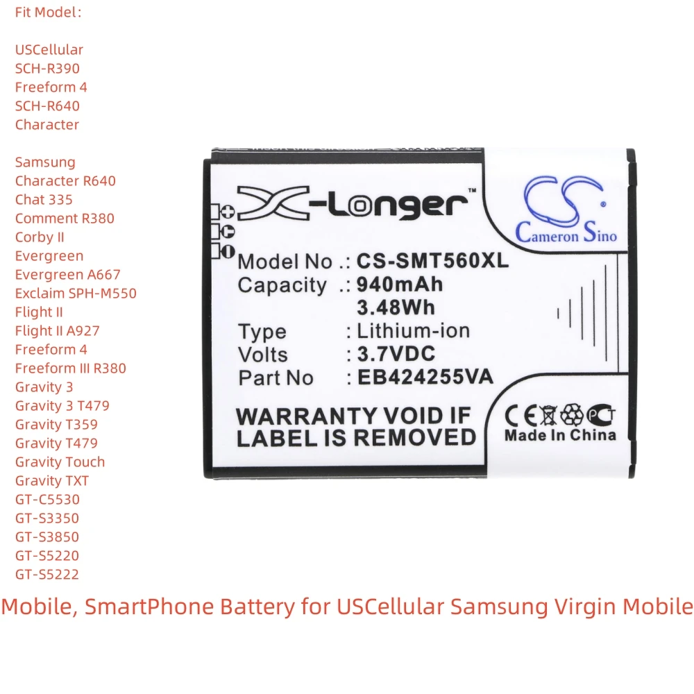 

Li-ion Battery for USCellular Samsung Virgin Mobile Mobile, SmartPhone.3.7V,940mAh,Freeform 4 SCH-R640 Character Evergreen