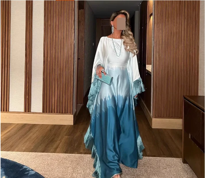 Middle Eastern Tassel Robe Gradient Printed Round Neck Loose Dress