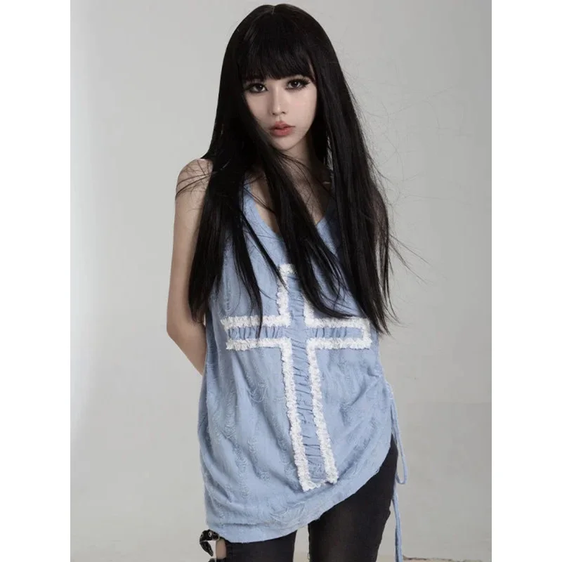 Y2k Aesthetic Tank Top Women Gothic Punk Cross Patchwork Harajuku Streetwear Sleeveless Tee Pleated Bandage Fairy Grunge Tanks