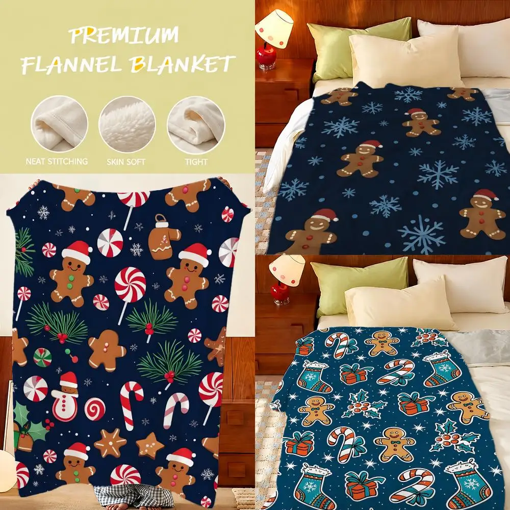 Christmas Gingerbread Man Throw Plush Flannel Throw Blanket, Sofa Bed Travel Picnic Home Textile Decor