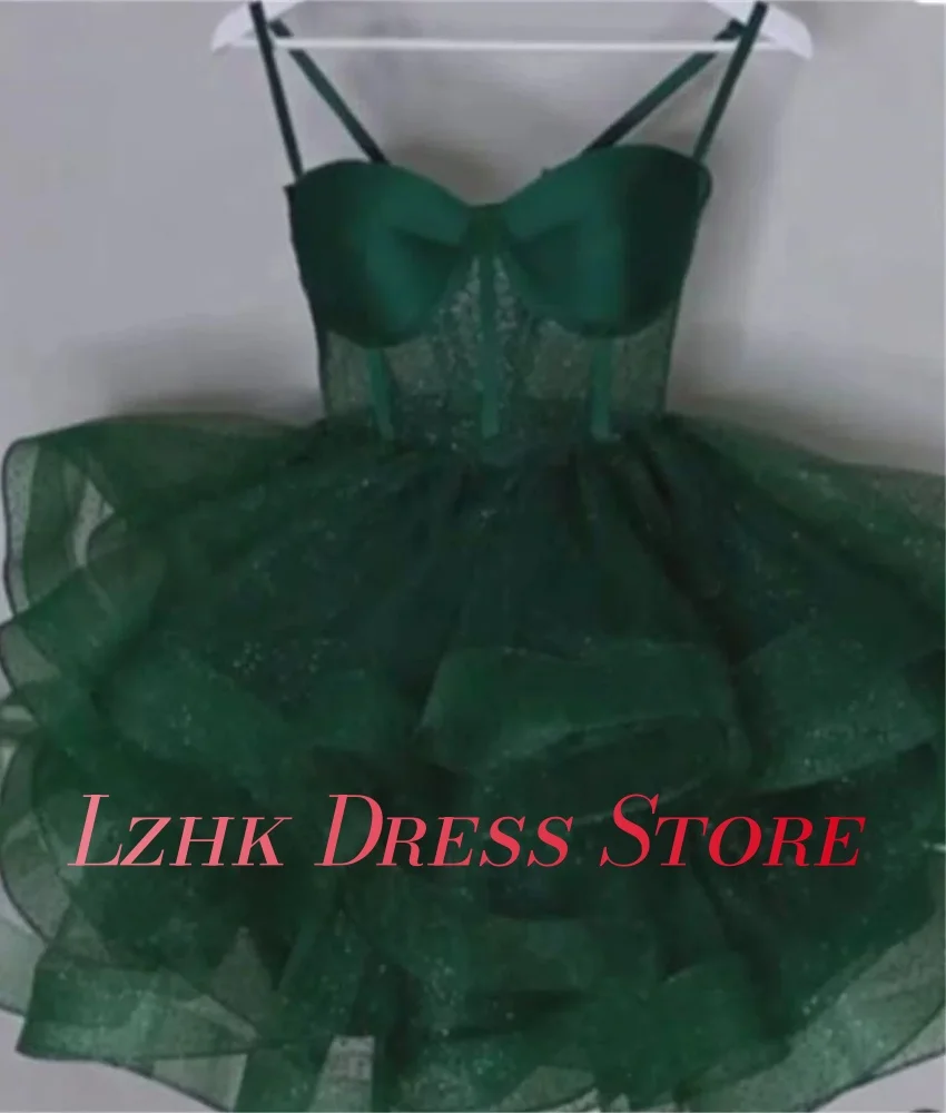 Robe de soirée trapèze en Organza, personnalisée, Sexy, bretelles Spaghetti, paillettes, volants, plusieurs niveaux, délicate, sans manches, robes de soirée en cœur