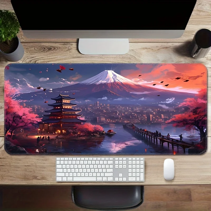 Large Extended Gaming Mouse Pad Japan Scenic Mount Fuji Pagoda Print Rubber Anti-Slip Desk Mat Esports Desktop Protective Film