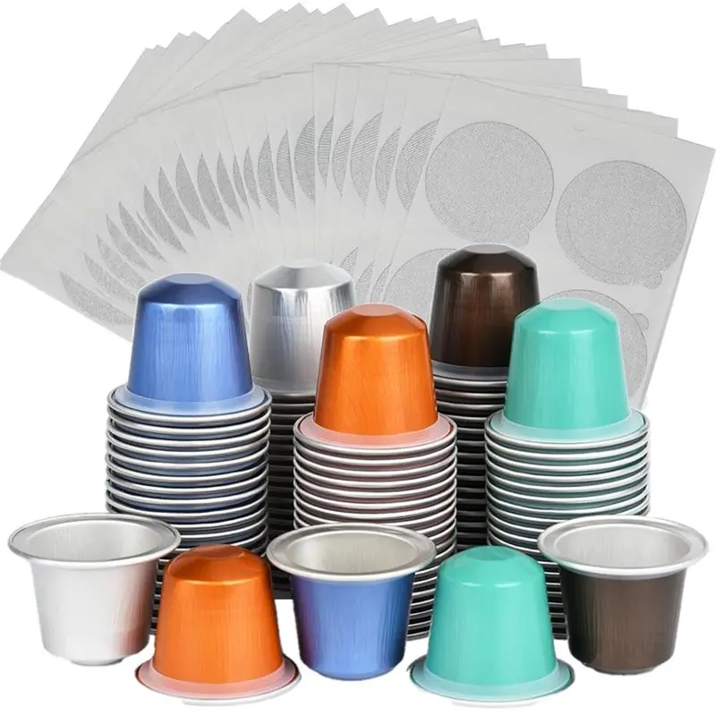 Aluminum Foil Capsules 100Pcs Empty Fillable Coffee Pods Set For Your Own Espresso Coffee Cups Seal Stickers Lids Kit