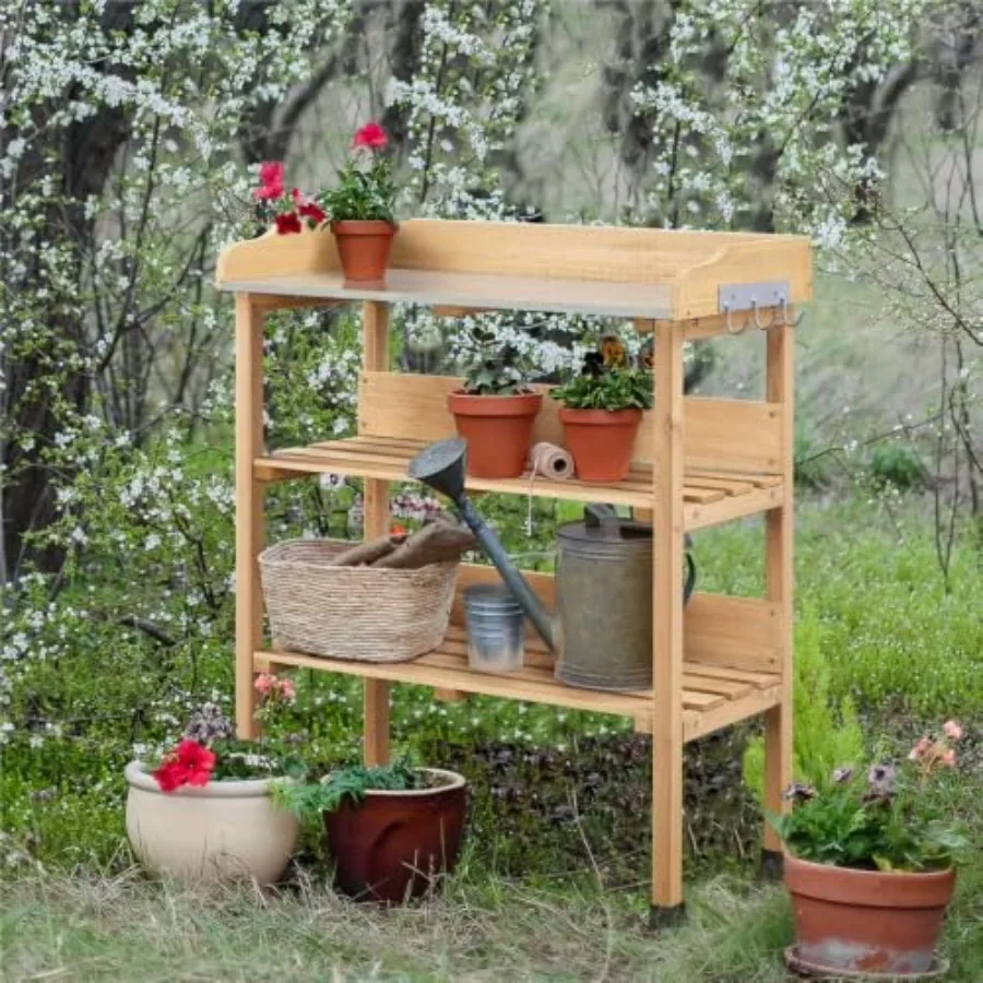 Outdoor Potting Bench Table with Storage Shelf, Wooden Garden Work Station with 2-Tier Shelves, Fir Wood Planting Table for Gar