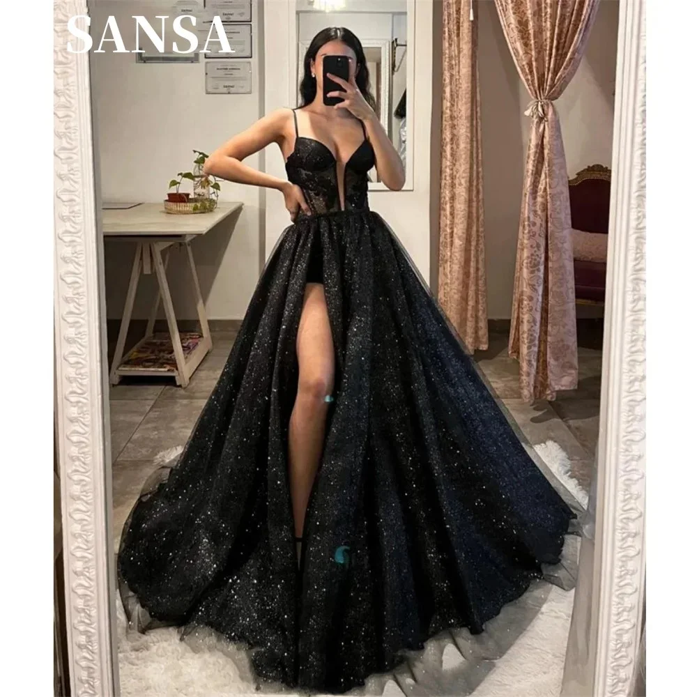 Sansa Black Shiny Prom Dress Spaghetti Strap Side Split Vestidos De Noche Deep V-neck Gliiter Black Wedding Dress 2024