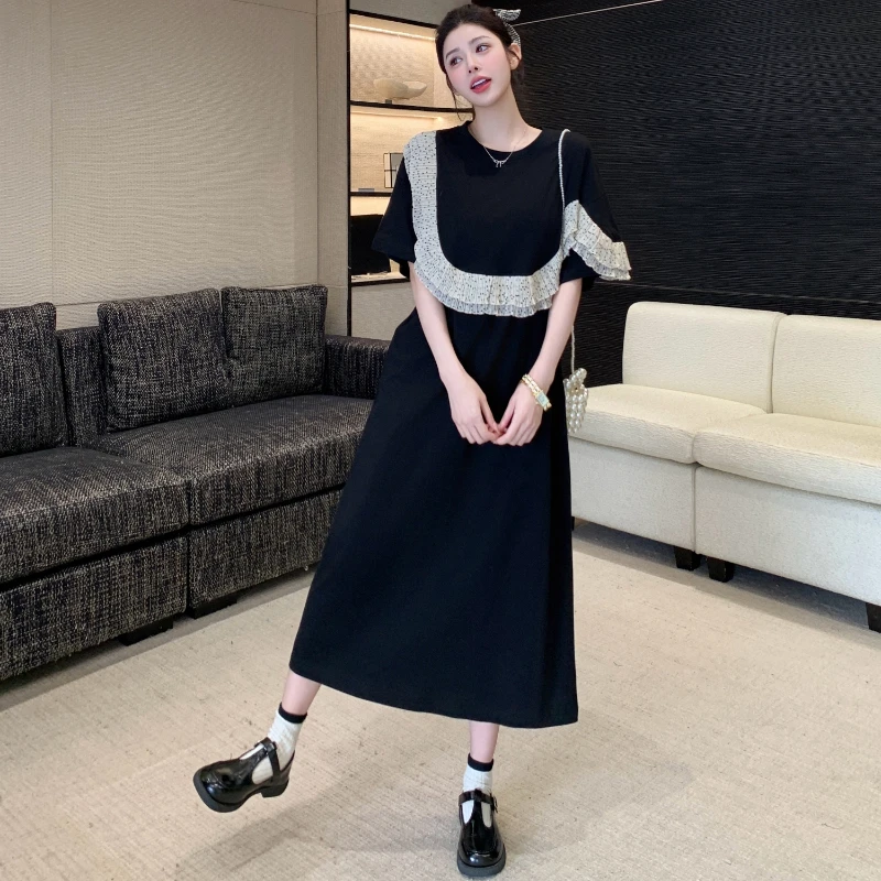 2025年夏新作 レディースワンピース ブラック パッチワーク Tシャツワンピース ゆったり 大きいサイズ フリル 女性用ローブ カジュアル レディースドレス KE60021