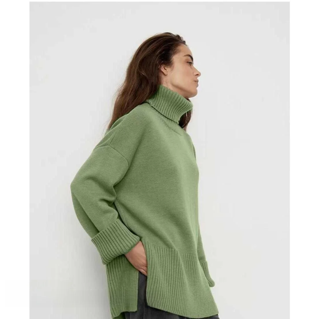 

New Pure Color High Ne Loose Knit Sweater Street Sle Long Sve Mid-Length Casual Faion Women's Knittedwear