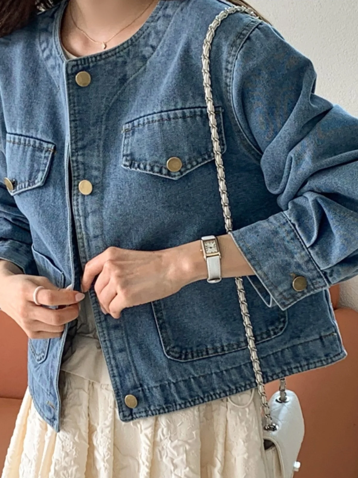 

Retro Waed Denim Jaet Women's ket Patchwork round Ne Single Button Loose Straight ort Length Jaet Top